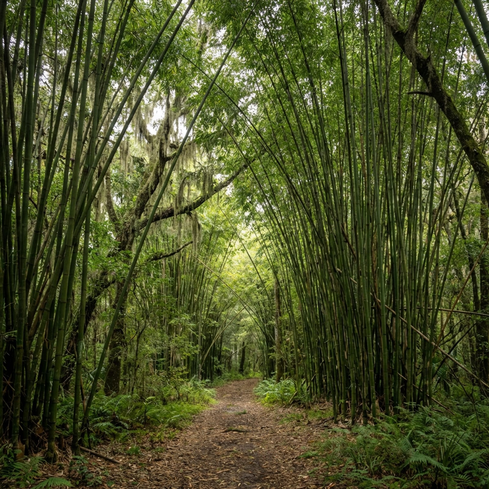 Dense green bamboo grove with a forest path winding through