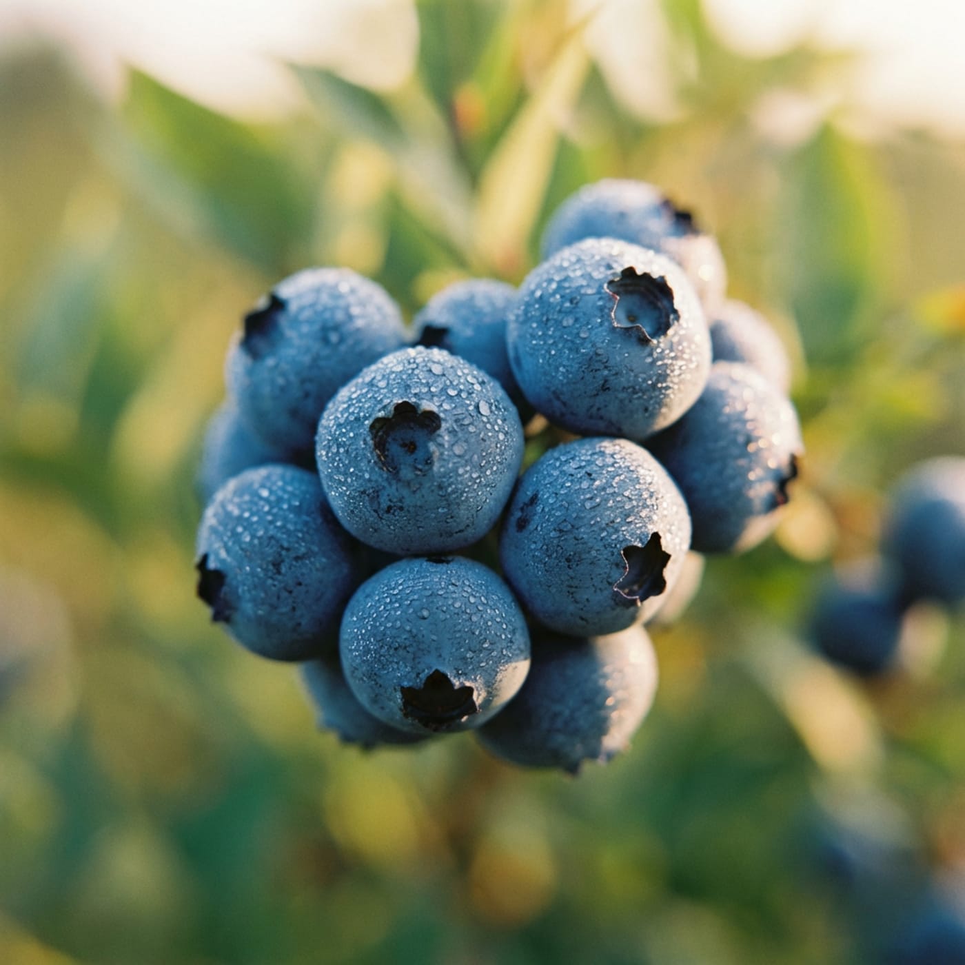 Close-up macro of a cluster of fresh blueberries with morning dew