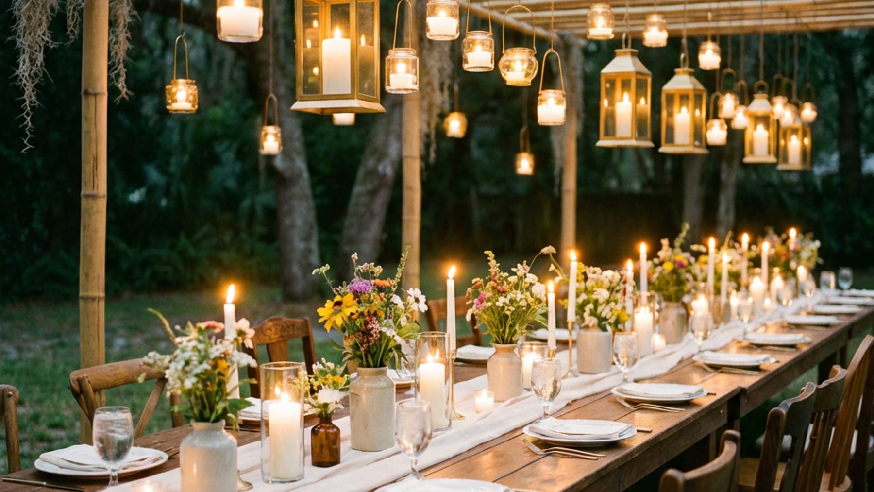 A long farm dinner table set under a bamboo canopy at dusk with candles and wildflowers