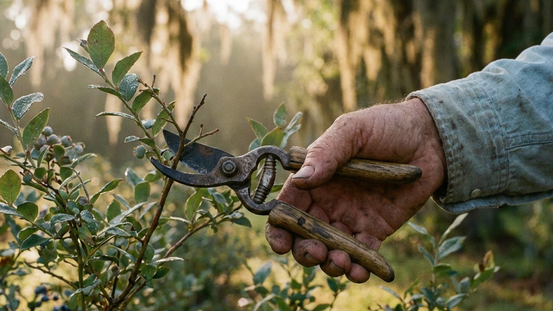 Hands pruning a blueberry branch with wooden shears