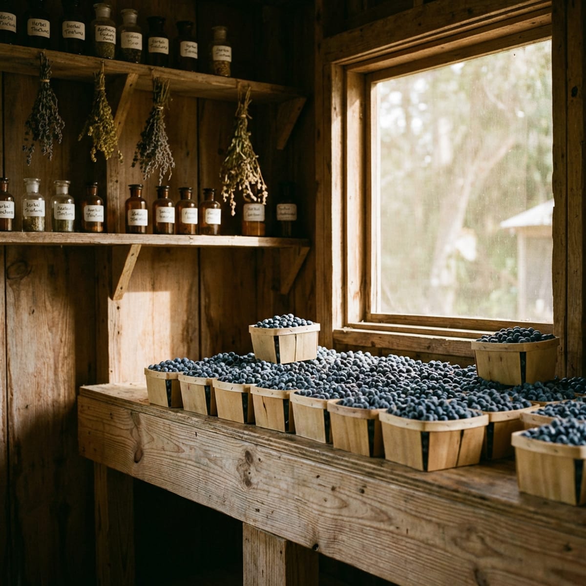 Rustic farm store interior with fresh blueberries and herbal goods
