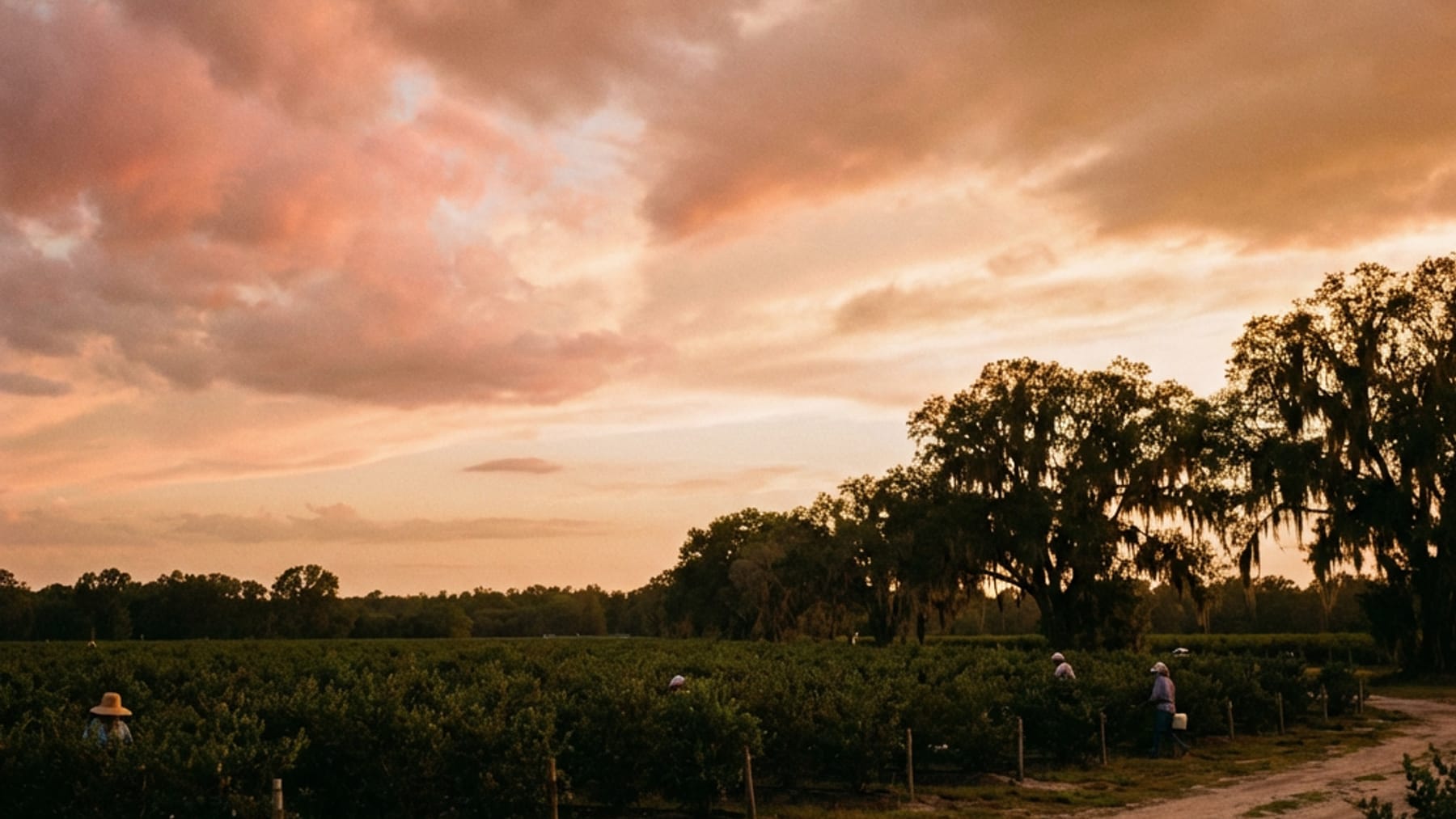 Blueberry farm field at sunset with palms and open sky