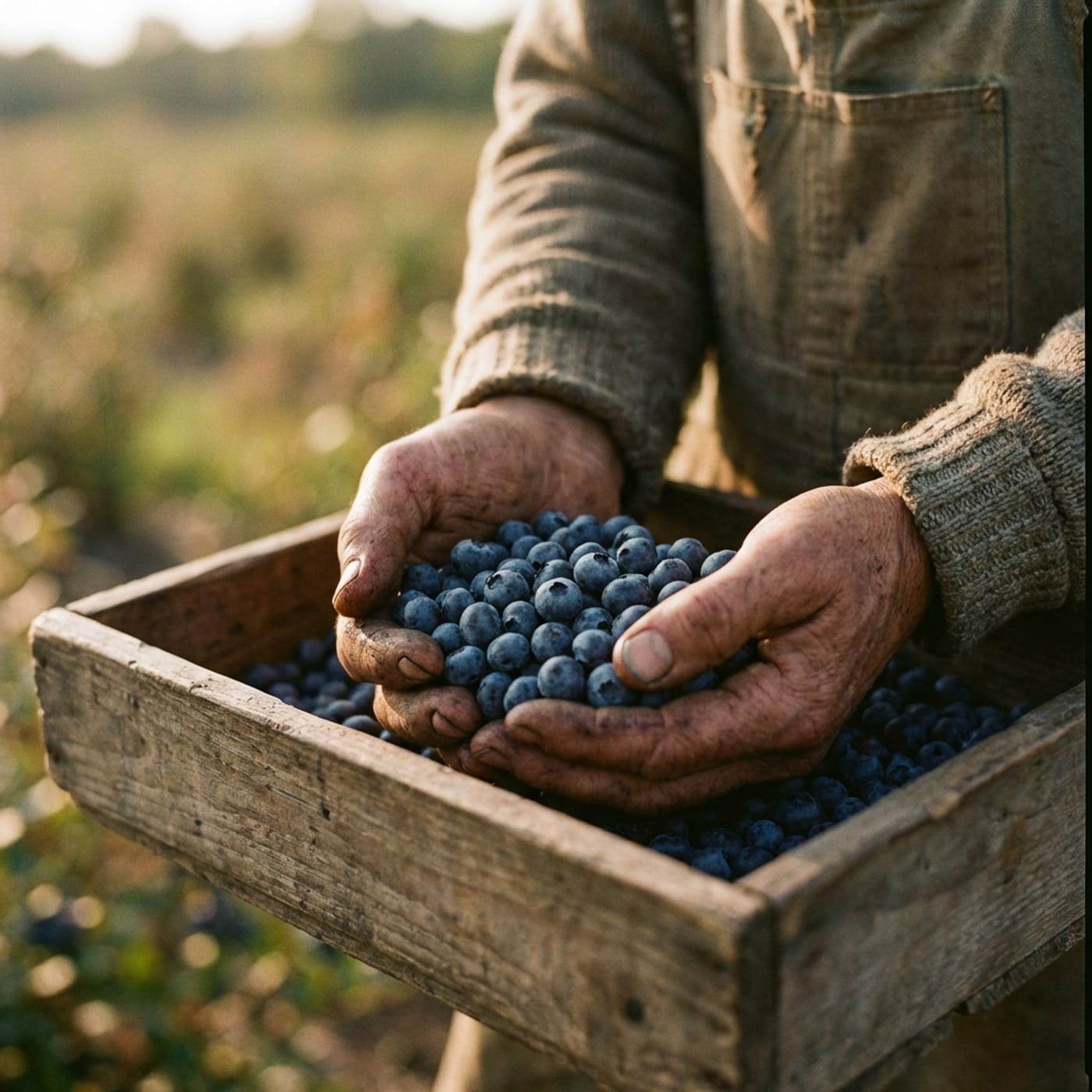 Hands cradling fresh blueberries in a rustic wooden harvesting crate