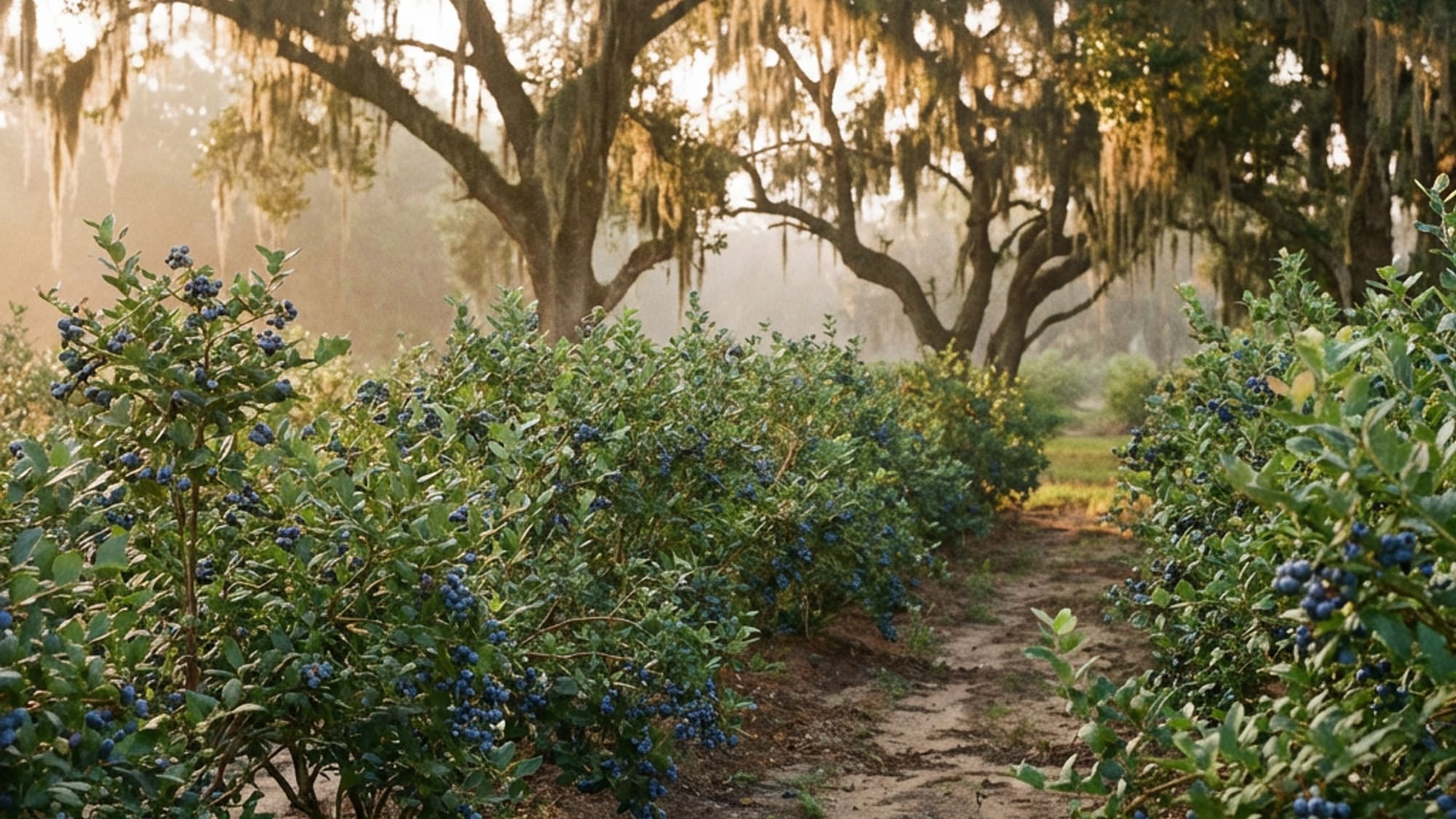 Blueberry orchard at golden hour